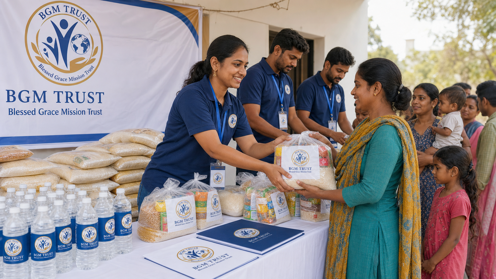 BGM TRUST volunteers with ID cards preparing food relief kits