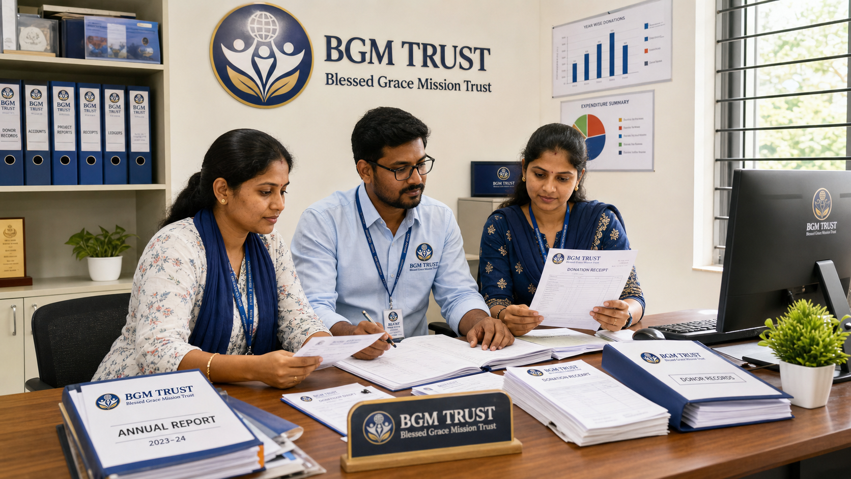 BGM TRUST staff reviewing receipts and reports with ID cards