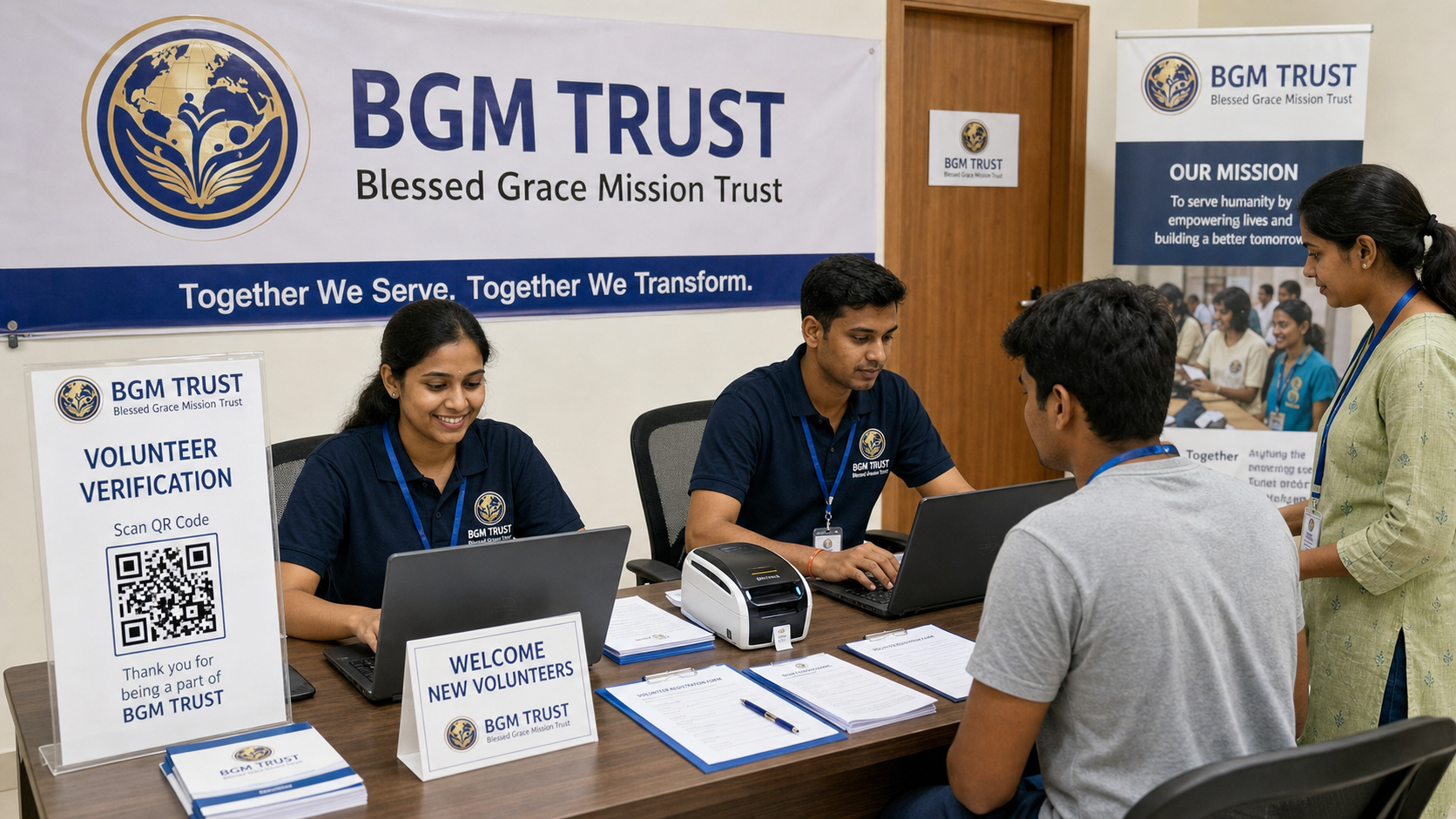 BGM TRUST volunteer registration with ID cards and QR verification